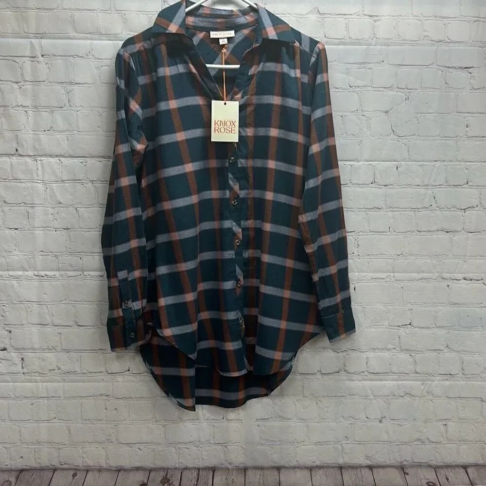 Knox Rose Plaid Button-Down Shirt Women’s Small Navy/Orange